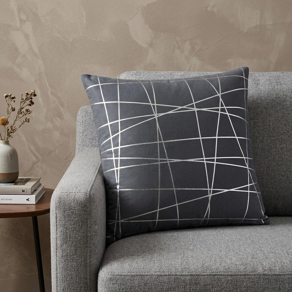 20" Gray and Silver Abstract Linework Cotton Throw Pillow — view 5
