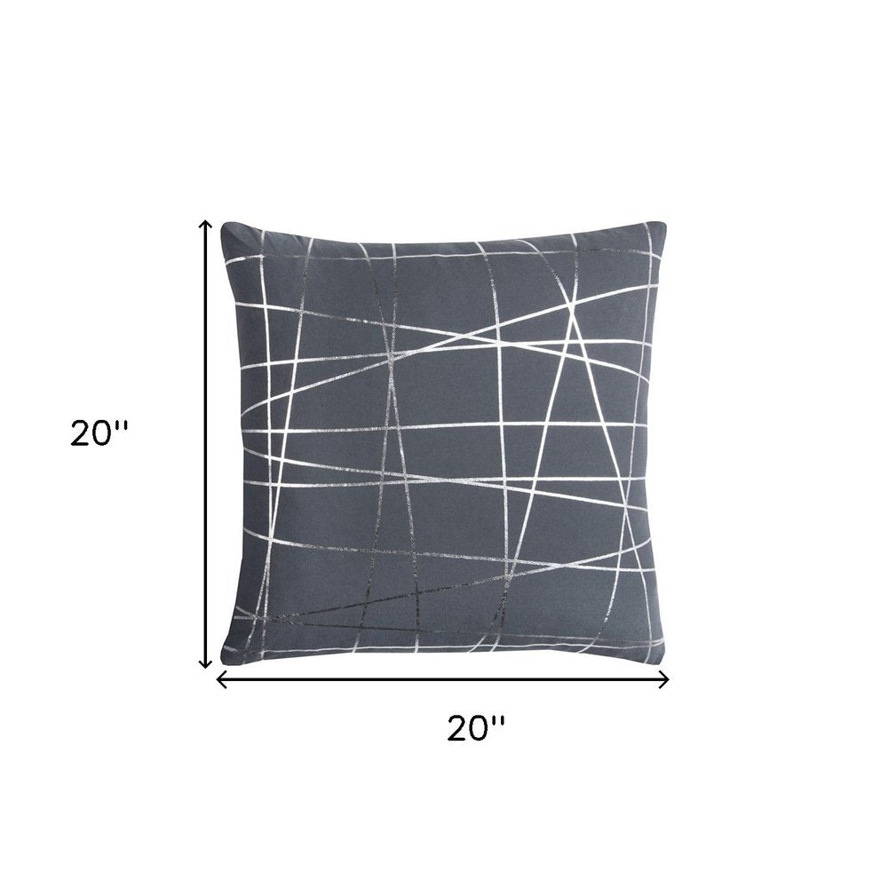 20" Gray and Silver Abstract Linework Cotton Throw Pillow