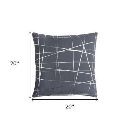 20" Gray and Silver Abstract Linework Cotton Throw Pillow