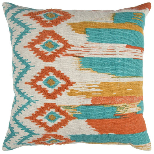 20" X 20" Ivory Blue and Orange Ikat Cotton Zippered Pillow With Embroidery FurniFindUSA