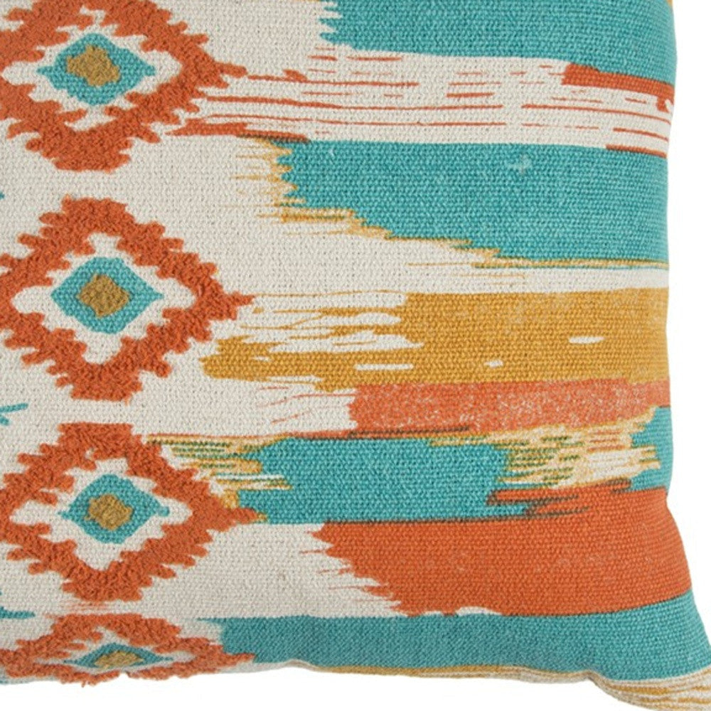 20" X 20" Ivory Blue and Orange Ikat Cotton Zippered Pillow With Embroidery FurniFindUSA