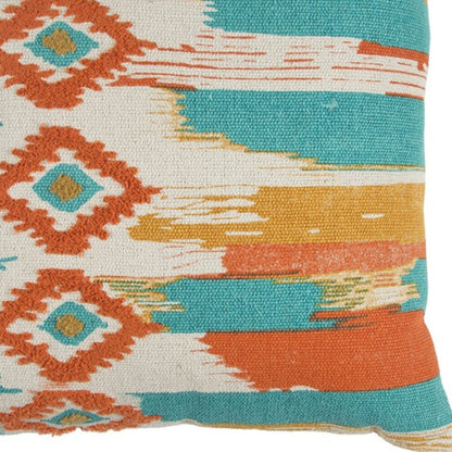 20" X 20" Ivory Blue and Orange Ikat Cotton Zippered Pillow With Embroidery FurniFindUSA