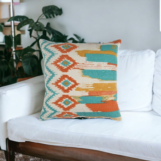 20" X 20" Ivory Blue and Orange Ikat Cotton Zippered Pillow With Embroidery FurniFindUSA