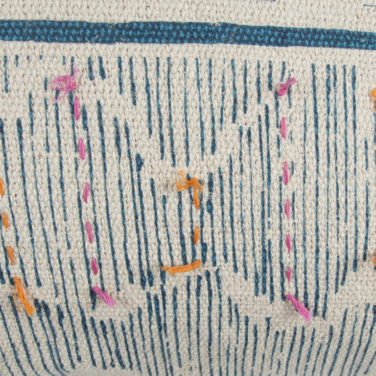 Teal White Kantha Stitch and Knots Throw Pillow FurniFindUSA