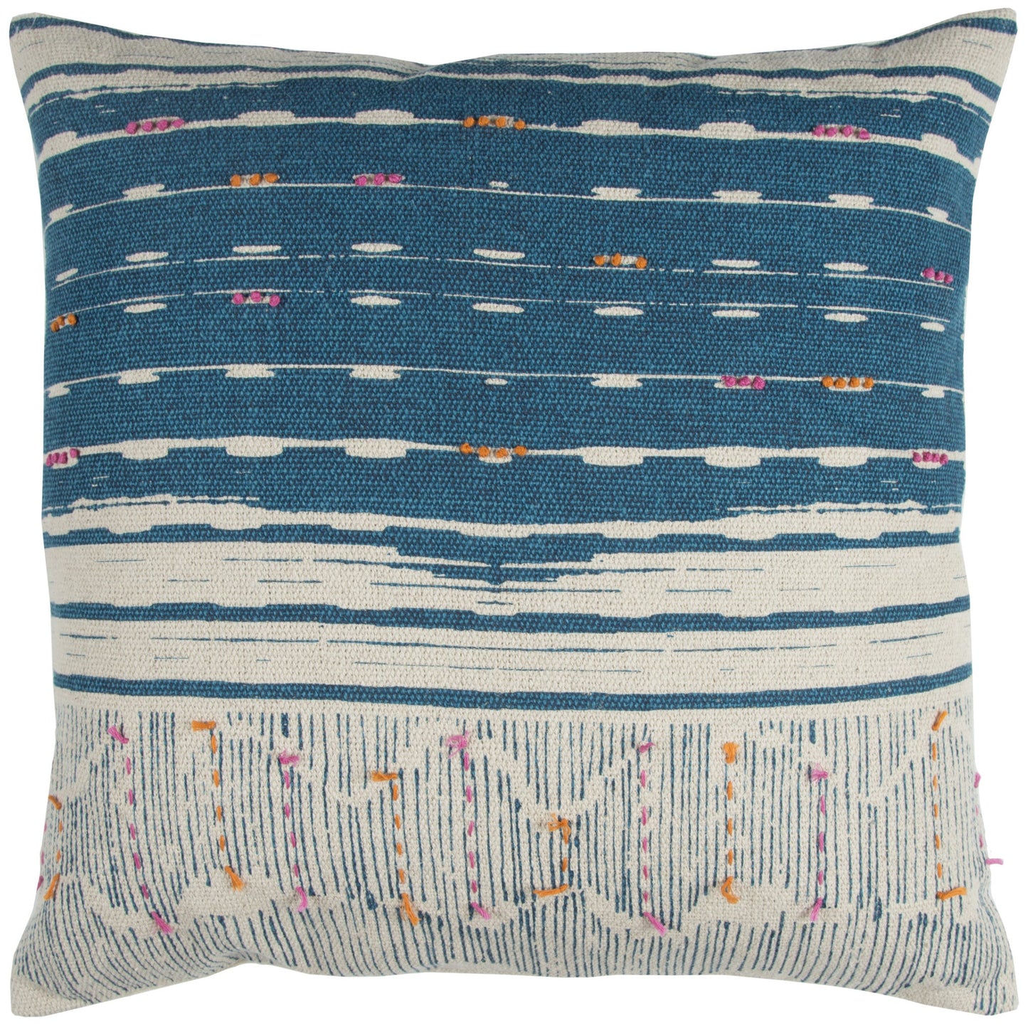 Teal White Kantha Stitch and Knots Throw Pillow FurniFindUSA
