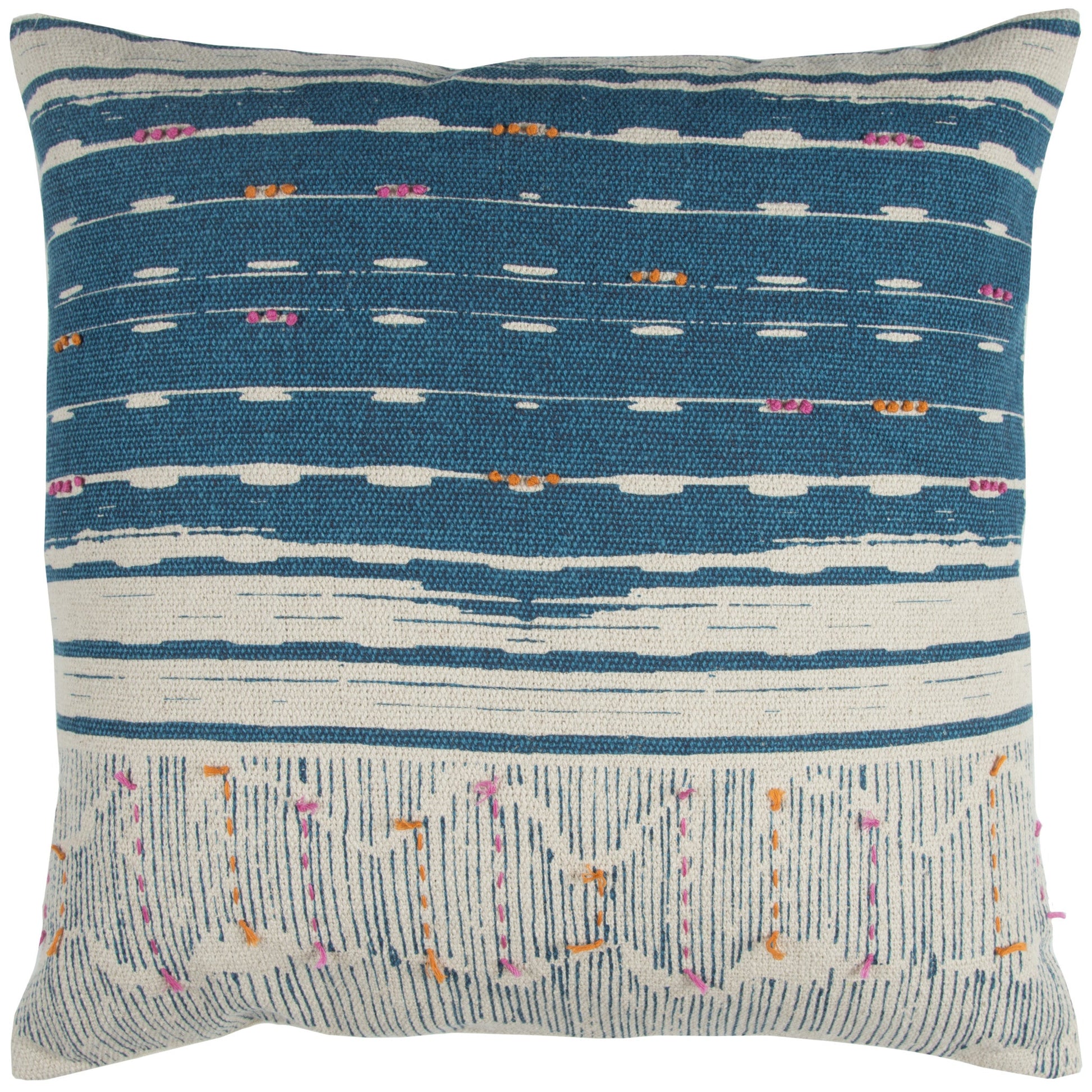 Teal White Kantha Stitch and Knots Throw Pillow FurniFindUSA
