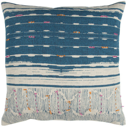 Teal White Kantha Stitch and Knots Throw Pillow FurniFindUSA