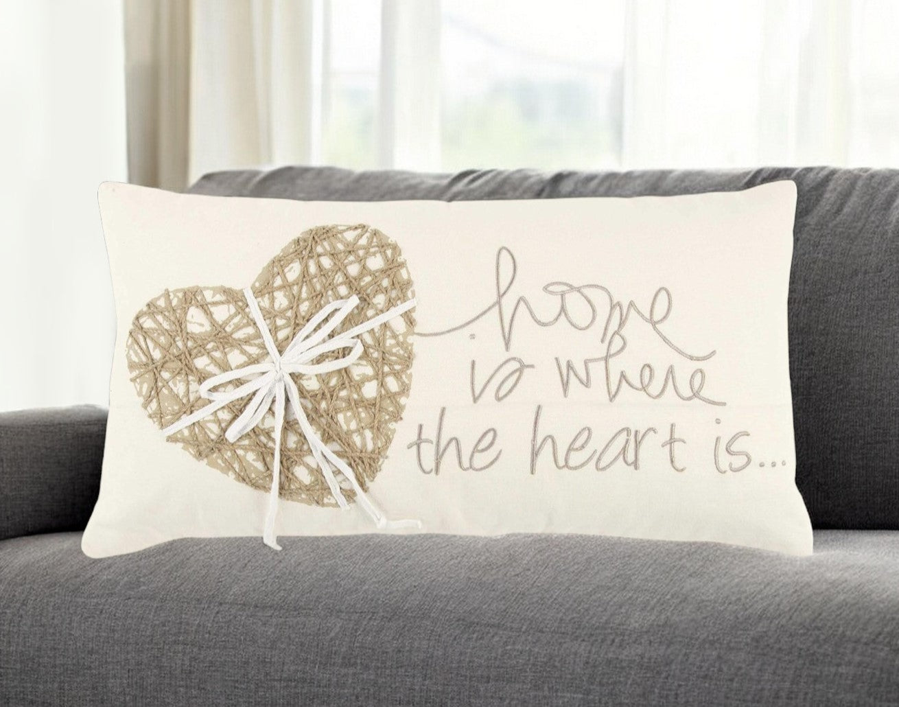 11" X 21" Ivory Home is Where the Heart Is Throw Pillow With Embroidery FurniFindUSA