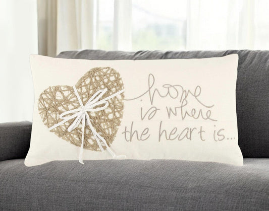 11" X 21" Ivory Home is Where the Heart Is Throw Pillow With Embroidery FurniFindUSA
