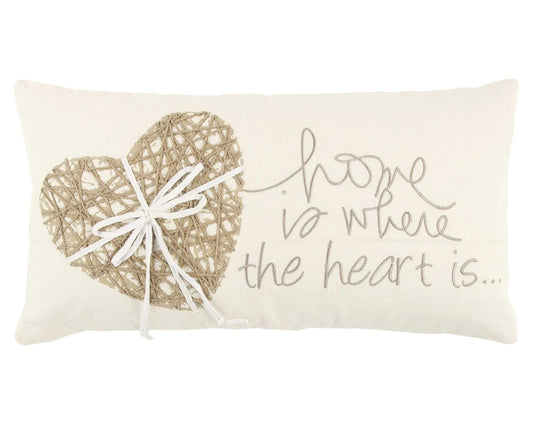 11" X 21" Ivory Home is Where the Heart Is Throw Pillow With Embroidery FurniFindUSA