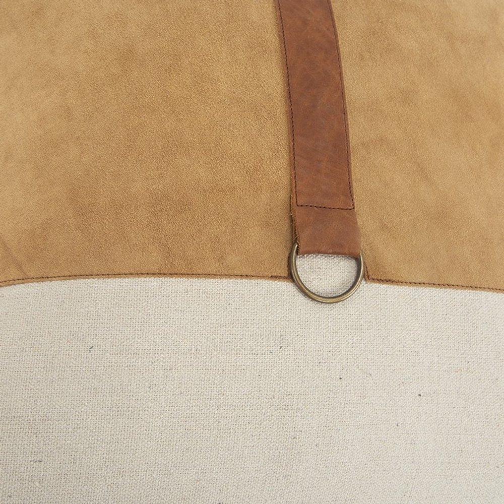20" Natural and Brown Cotton and Leather Throw Pillow — view 3