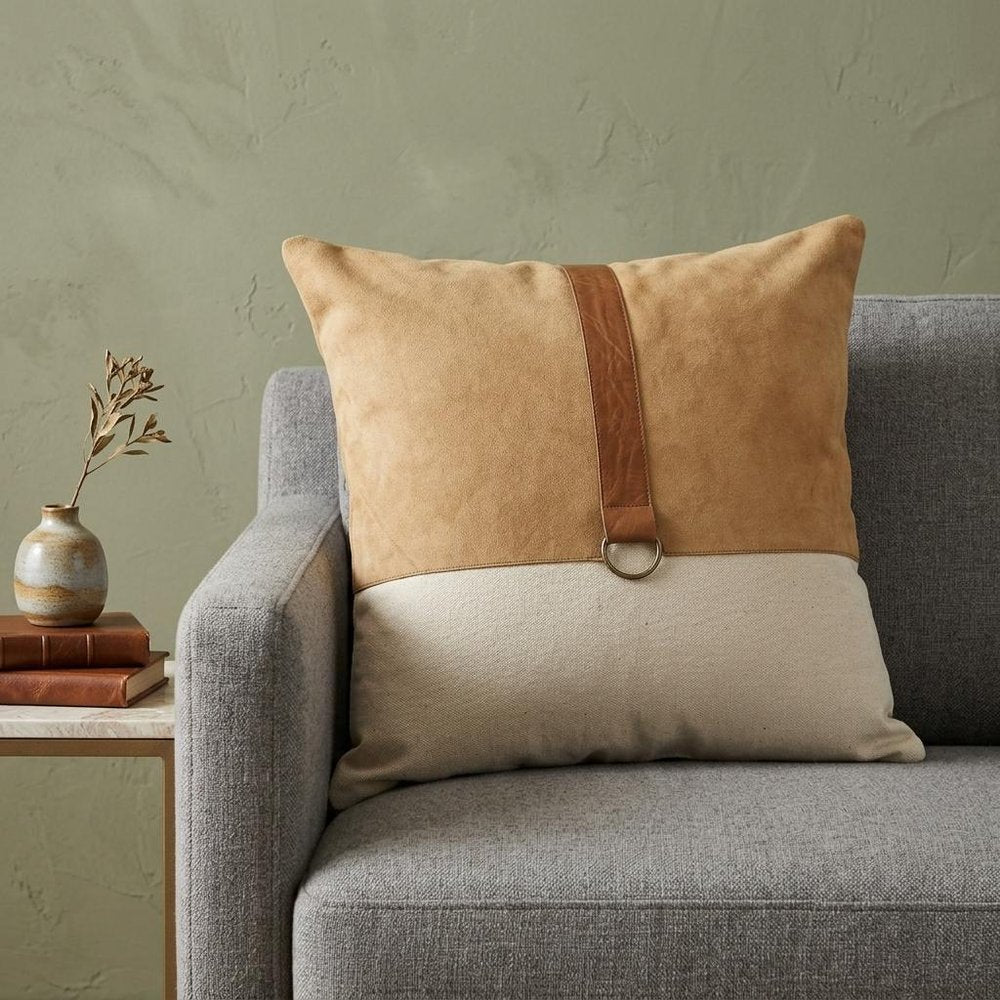 20" Natural and Brown Cotton and Leather Throw Pillow — view 7