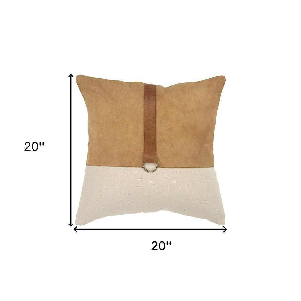 20" Natural and Brown Cotton and Leather Throw Pillow — view 6