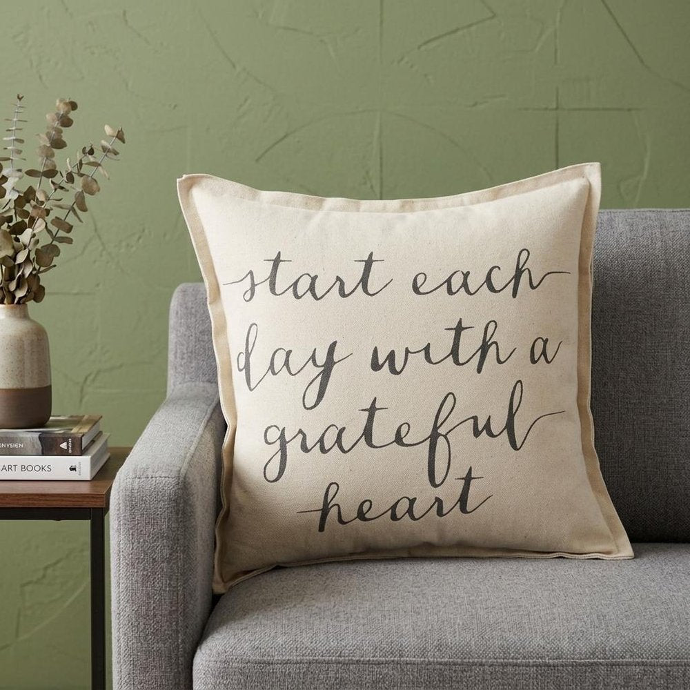20" Natural and Gray Grateful Heart Cotton Throw Pillow — view 6