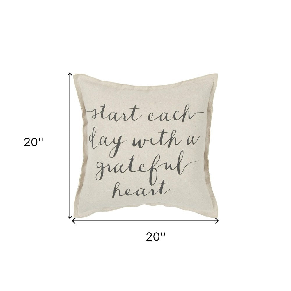 20" Natural and Gray Grateful Heart Cotton Throw Pillow — view 5