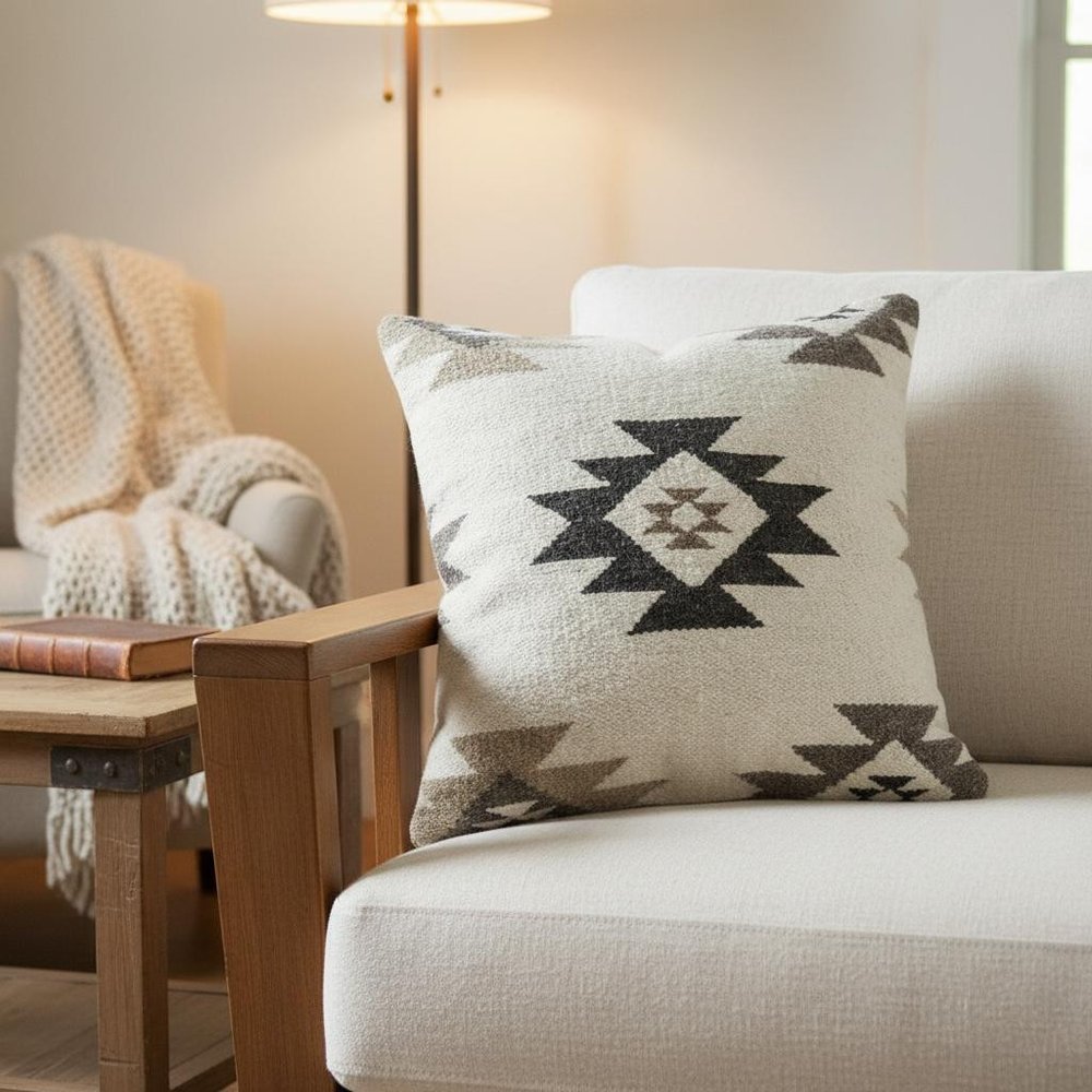 Cream Beige Classic Ikat Pattern Throw Pillow — view 6