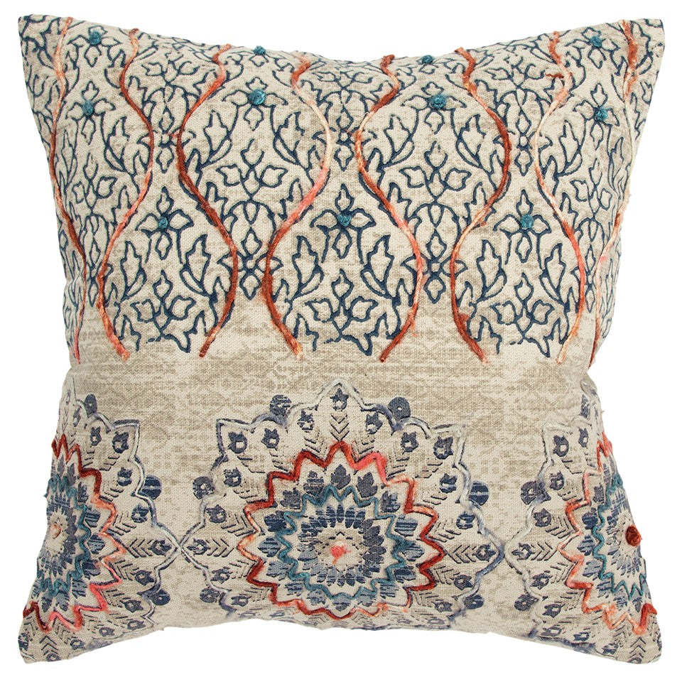 Beige Blue Distressed Floral Pattern Throw Pillow FurniFindUSA