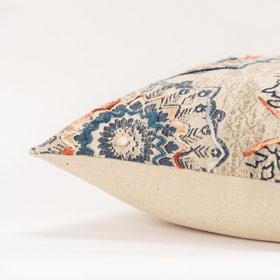 Beige Blue Distressed Floral Pattern Throw Pillow FurniFindUSA