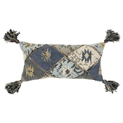 Indigo Gray Tribal Corner Tasseled Lumbar Pillow FurniFindUSA