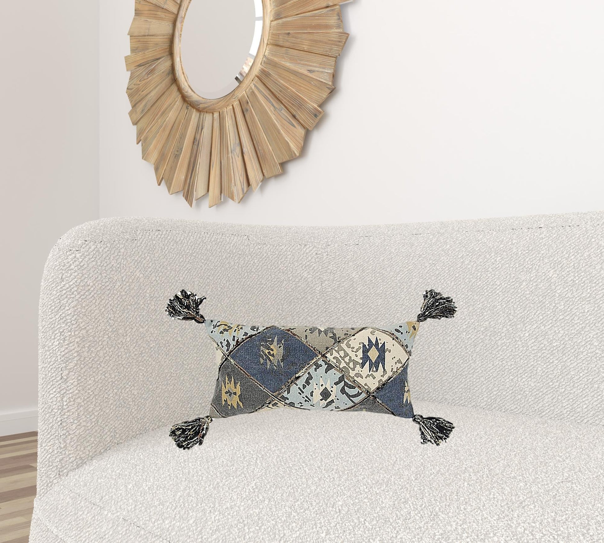 Indigo Gray Tribal Corner Tasseled Lumbar Pillow FurniFindUSA