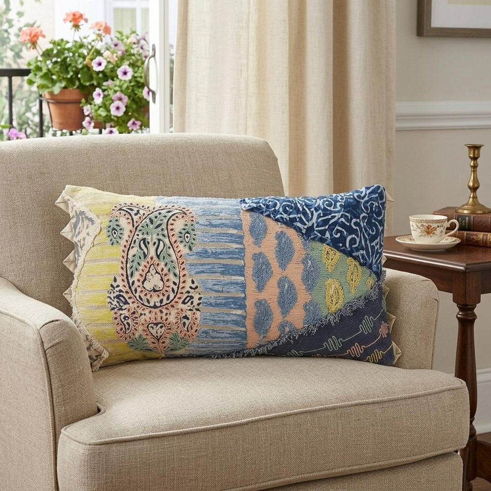 14" X 26" Yellow And Light Blue No Pattern Cotton Throw Pillow — view 5