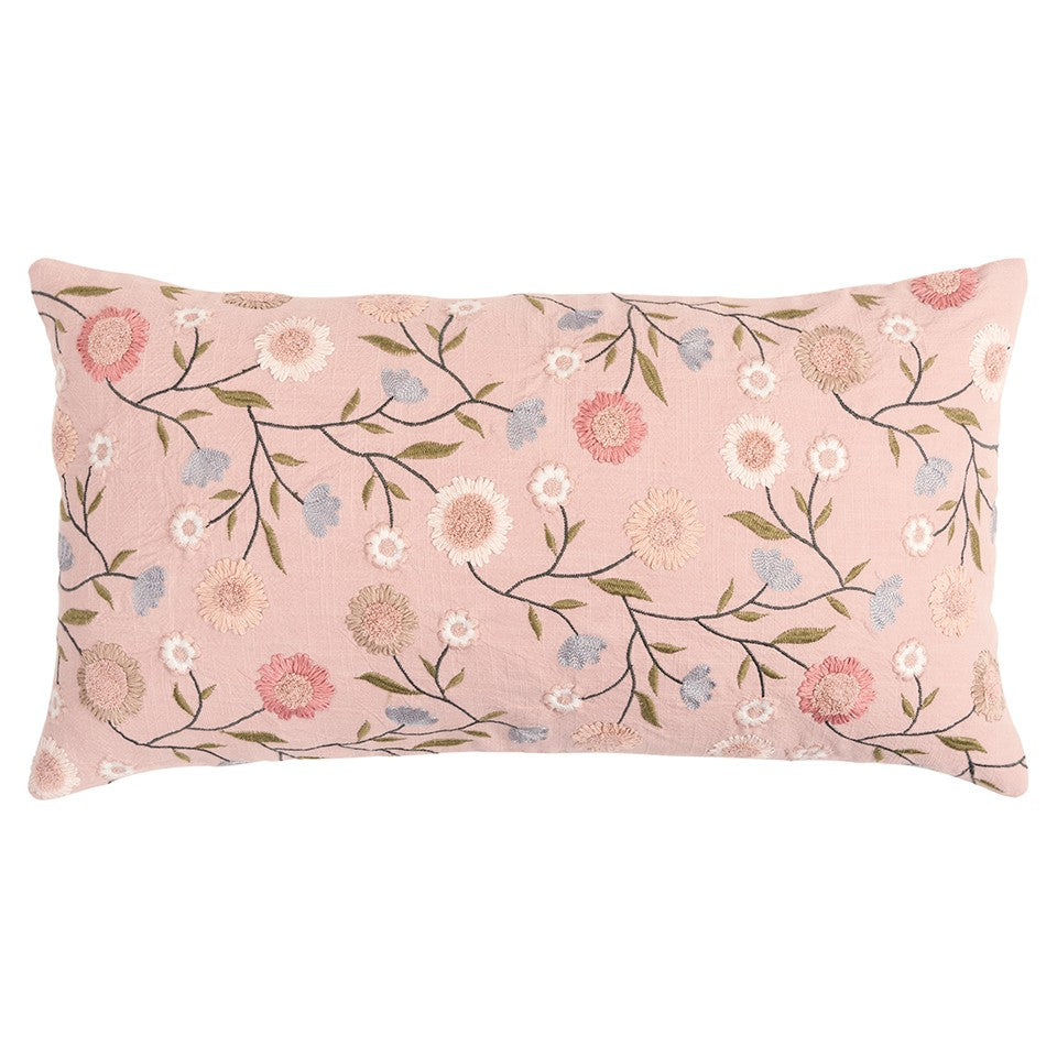 14" X 26" Blush Floral Cotton Throw Pillow With Embroidery FurniFindUSA