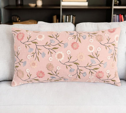14" X 26" Blush Floral Cotton Throw Pillow With Embroidery FurniFindUSA