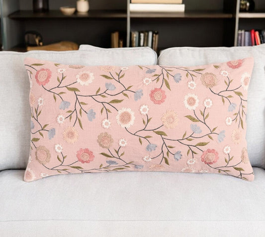14" X 26" Blush Floral Cotton Throw Pillow With Embroidery FurniFindUSA