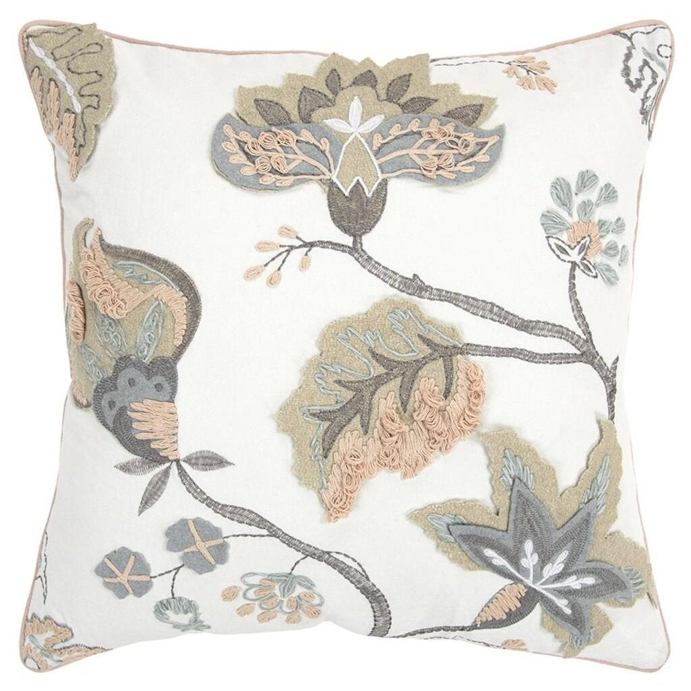 20" White and Tan Jacobean Floral Cotton Throw Pillow With Applique and Embroidery — view 7