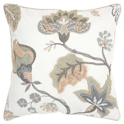 20" White and Tan Jacobean Floral Cotton Throw Pillow With Applique and Embroidery HomeRoots