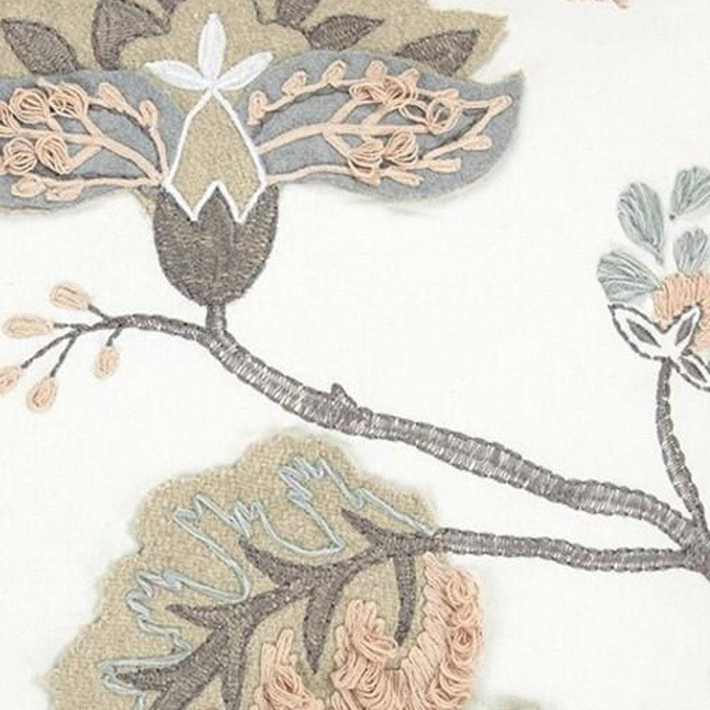 20" White and Tan Jacobean Floral Cotton Throw Pillow With Applique and Embroidery HomeRoots