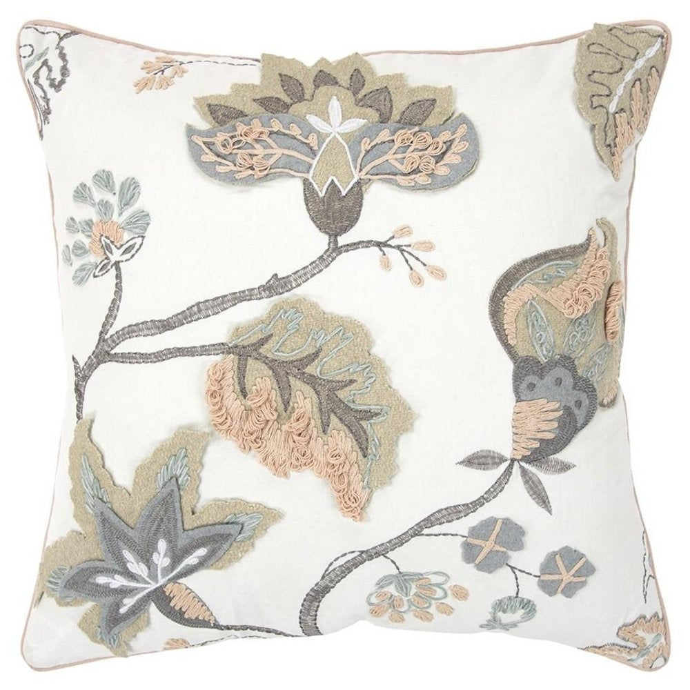 20" White and Tan Jacobean Floral Cotton Throw Pillow With Applique and Embroidery HomeRoots