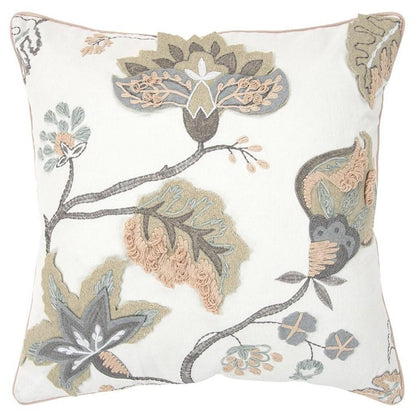 20" White and Tan Jacobean Floral Cotton Throw Pillow With Applique and Embroidery HomeRoots