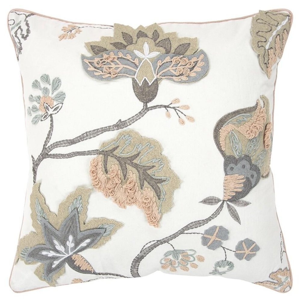 20" White and Tan Jacobean Floral Cotton Throw Pillow With Applique and Embroidery — view 9