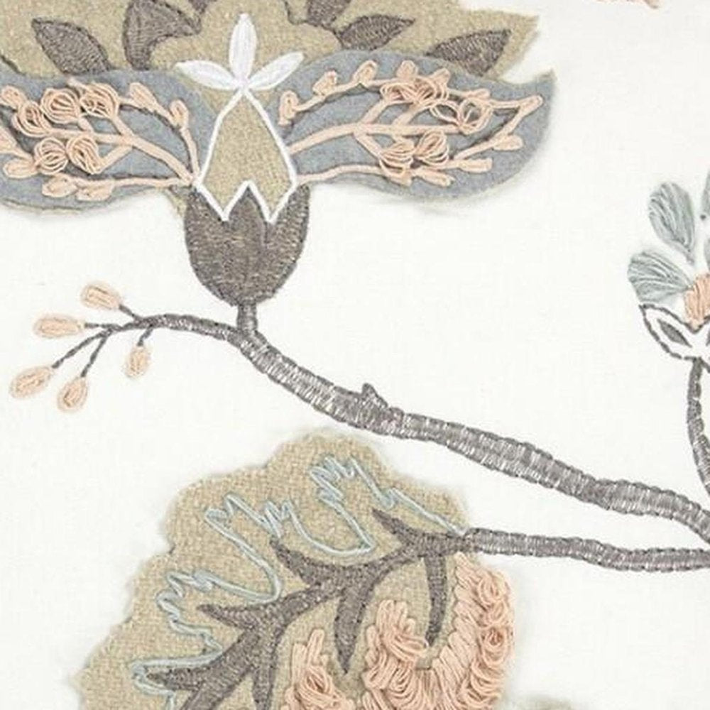 20" White and Tan Jacobean Floral Cotton Throw Pillow With Applique and Embroidery HomeRoots