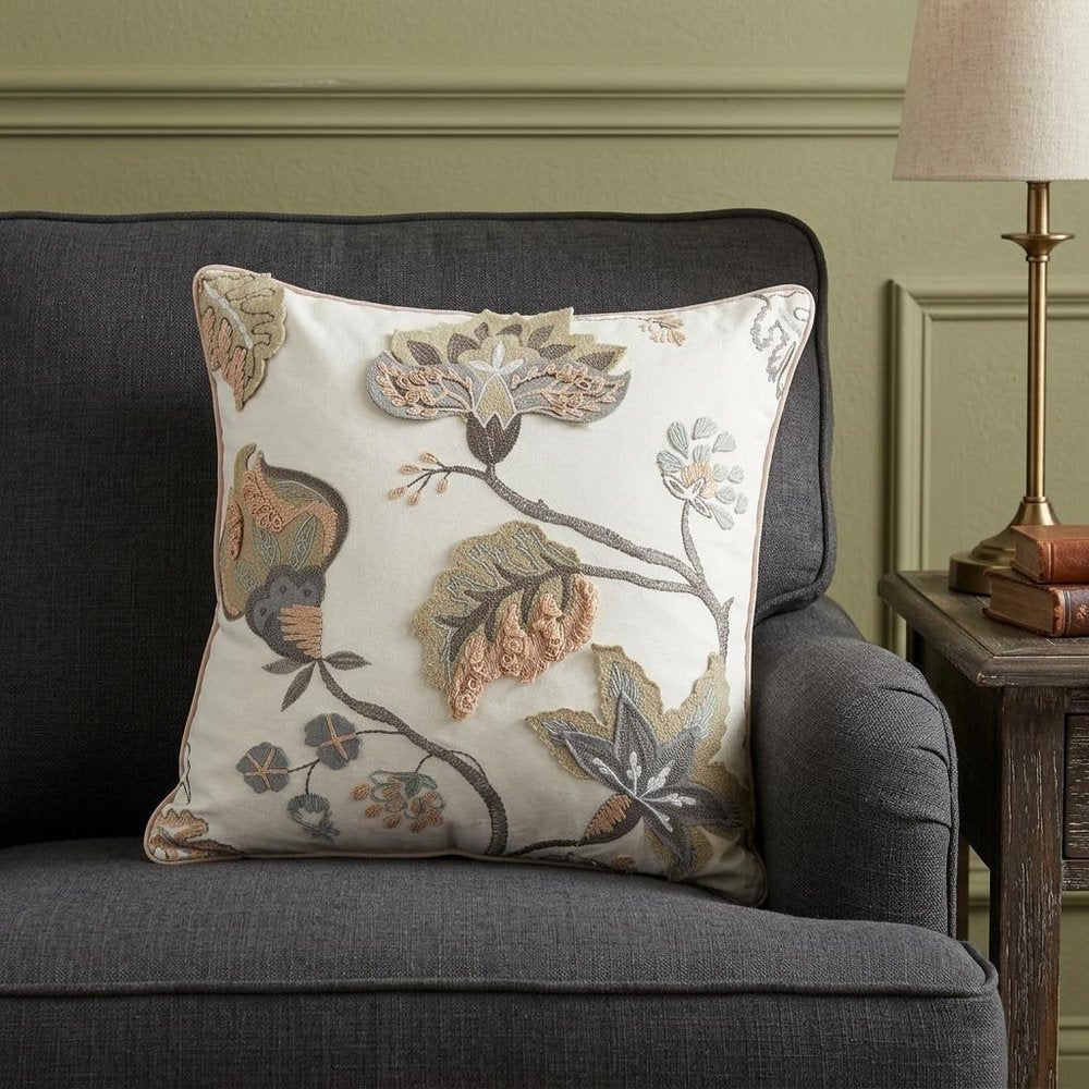 20" White and Tan Jacobean Floral Cotton Throw Pillow With Applique and Embroidery — view 2