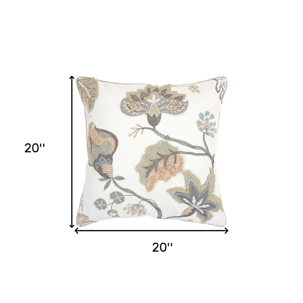 20" White and Tan Jacobean Floral Cotton Throw Pillow With Applique and Embroidery — view 1