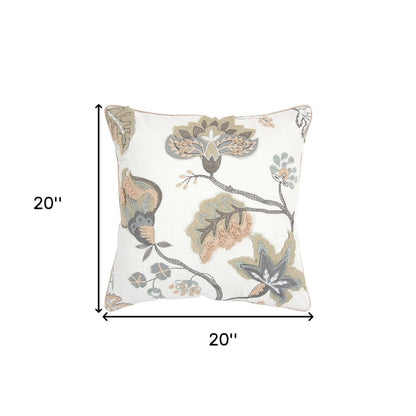 20" White and Tan Jacobean Floral Cotton Throw Pillow With Applique and Embroidery HomeRoots