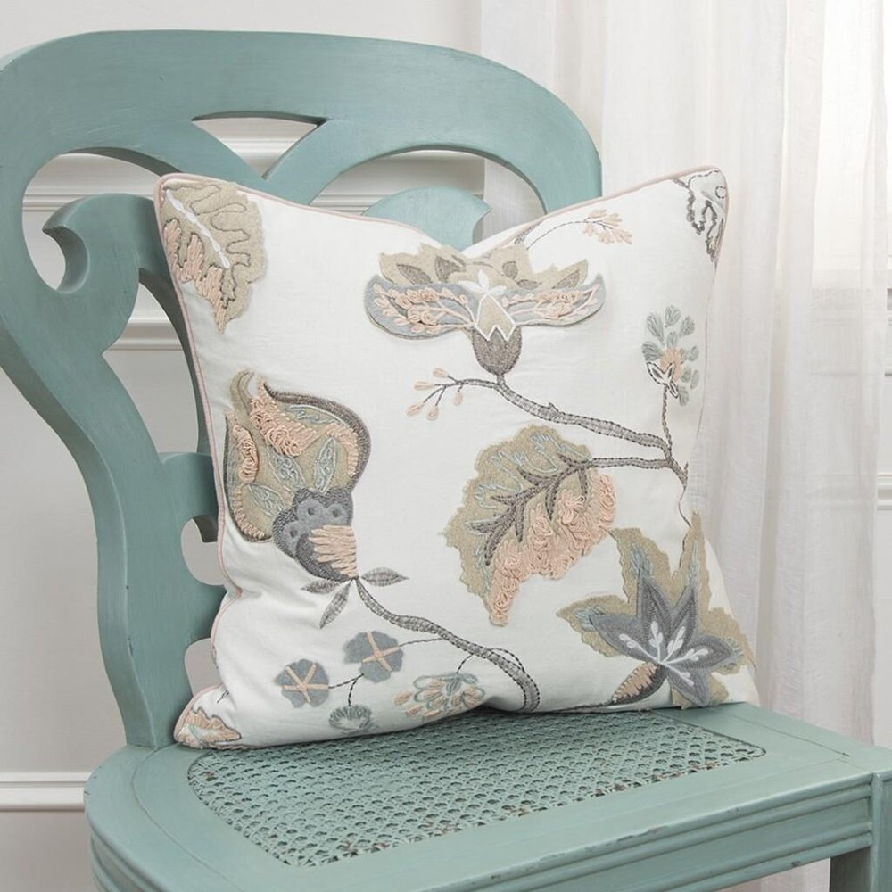 20" White and Tan Jacobean Floral Cotton Throw Pillow With Applique and Embroidery — view 3