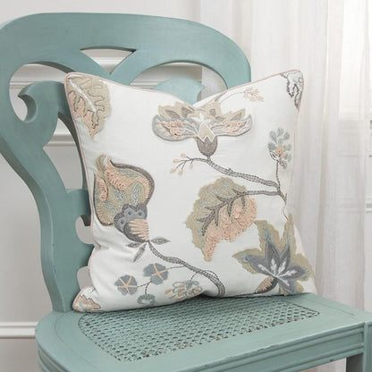 20" White and Tan Jacobean Floral Cotton Throw Pillow With Applique and Embroidery