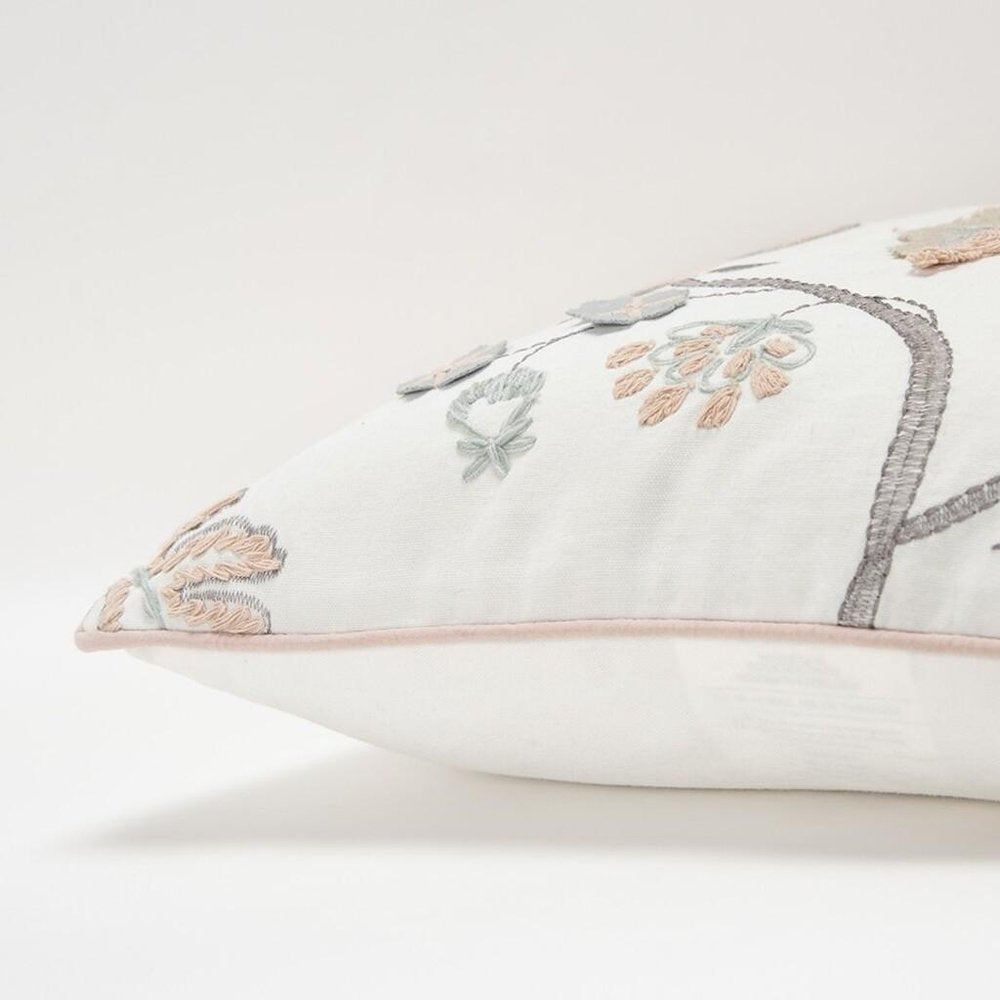 20" White and Tan Jacobean Floral Cotton Throw Pillow With Applique and Embroidery — view 4