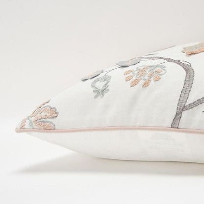20" White and Tan Jacobean Floral Cotton Throw Pillow With Applique and Embroidery HomeRoots