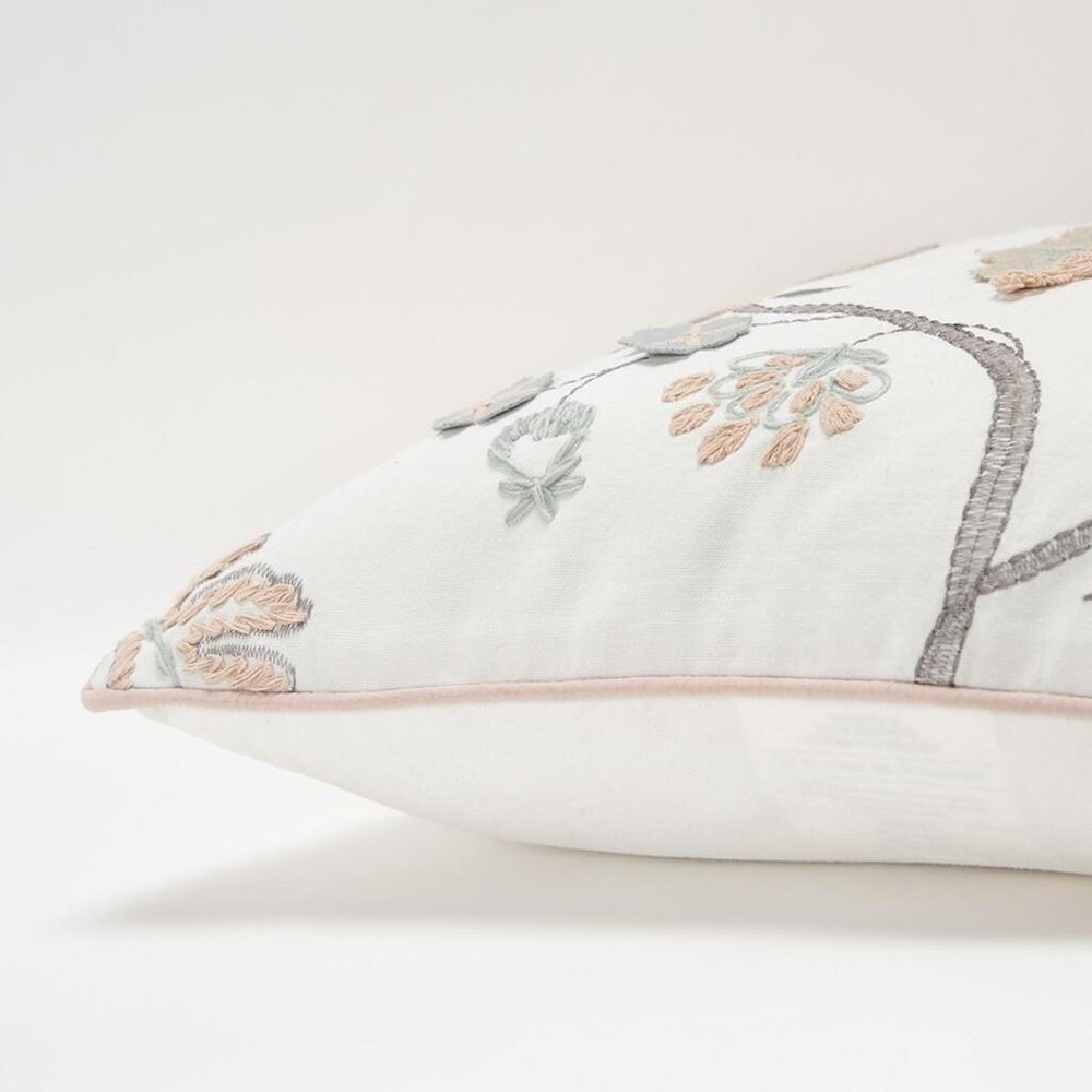 20" White and Tan Jacobean Floral Cotton Throw Pillow With Applique and Embroidery — view 4