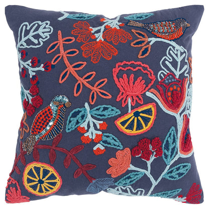 Dark Blue Jacobean Bloom Embroidered Throw Pillow FurniFindUSA