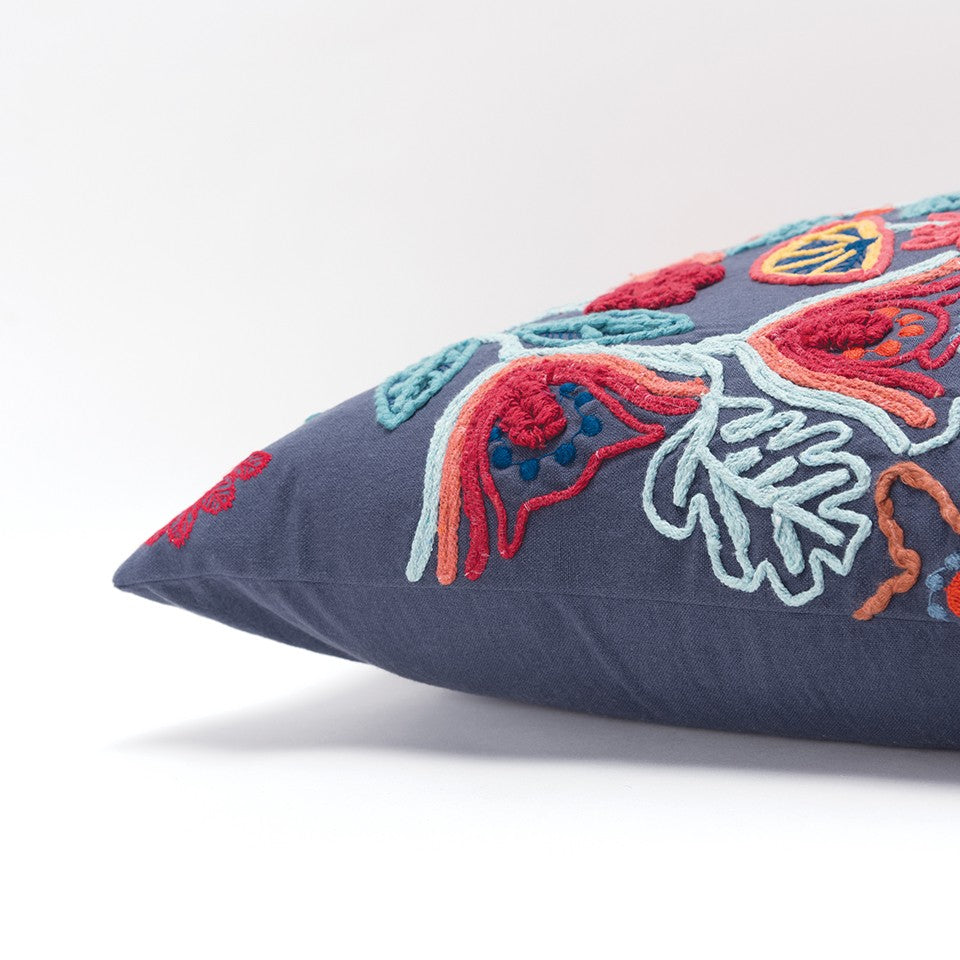 Dark Blue Jacobean Bloom Embroidered Throw Pillow FurniFindUSA