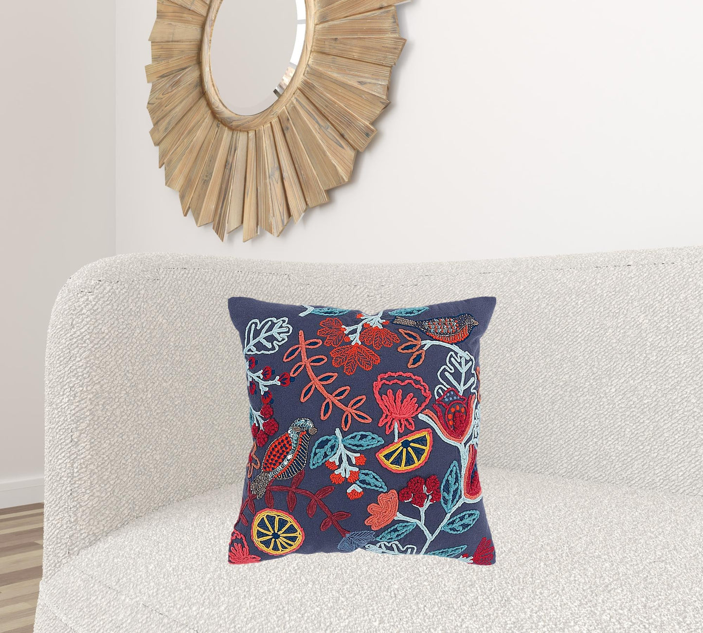 Dark Blue Jacobean Bloom Embroidered Throw Pillow FurniFindUSA