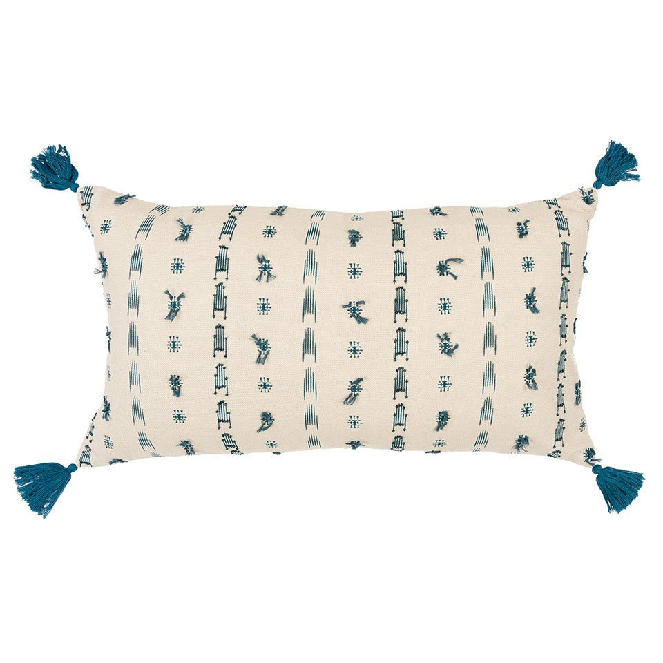 Teal Beige Tribal Inspired Tasseled Lumbar Pillow FurniFindUSA