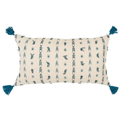 Teal Beige Tribal Inspired Tasseled Lumbar Pillow FurniFindUSA