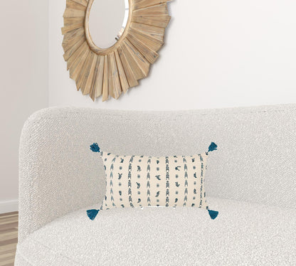 Teal Beige Tribal Inspired Tasseled Lumbar Pillow FurniFindUSA