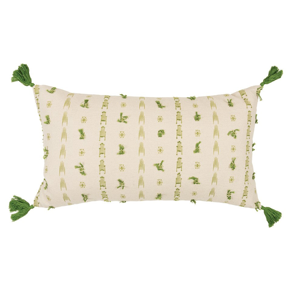 Green Beige Tribal Inspired Tasseled Lumbar Pillow FurniFindUSA